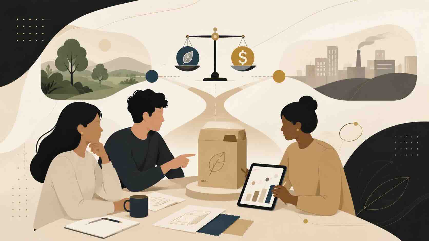 Three people discussing a product design with scales balancing a leaf and a dollar sign.