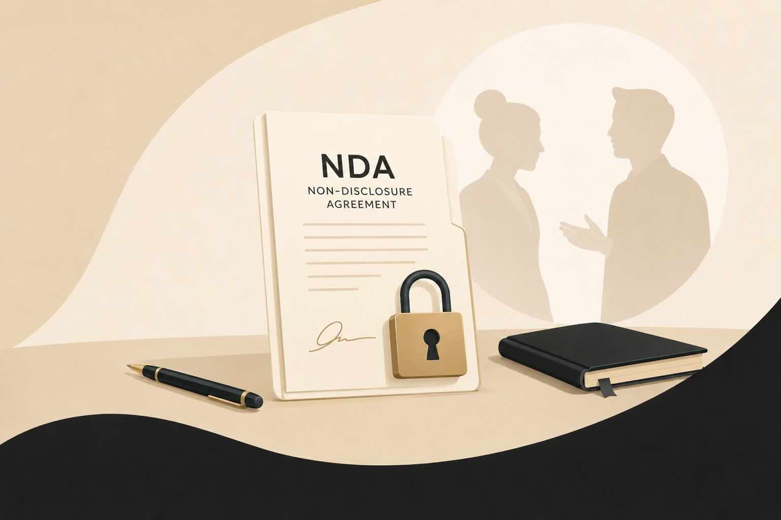 A paper that says NDA on it and two people that are talking in the background.