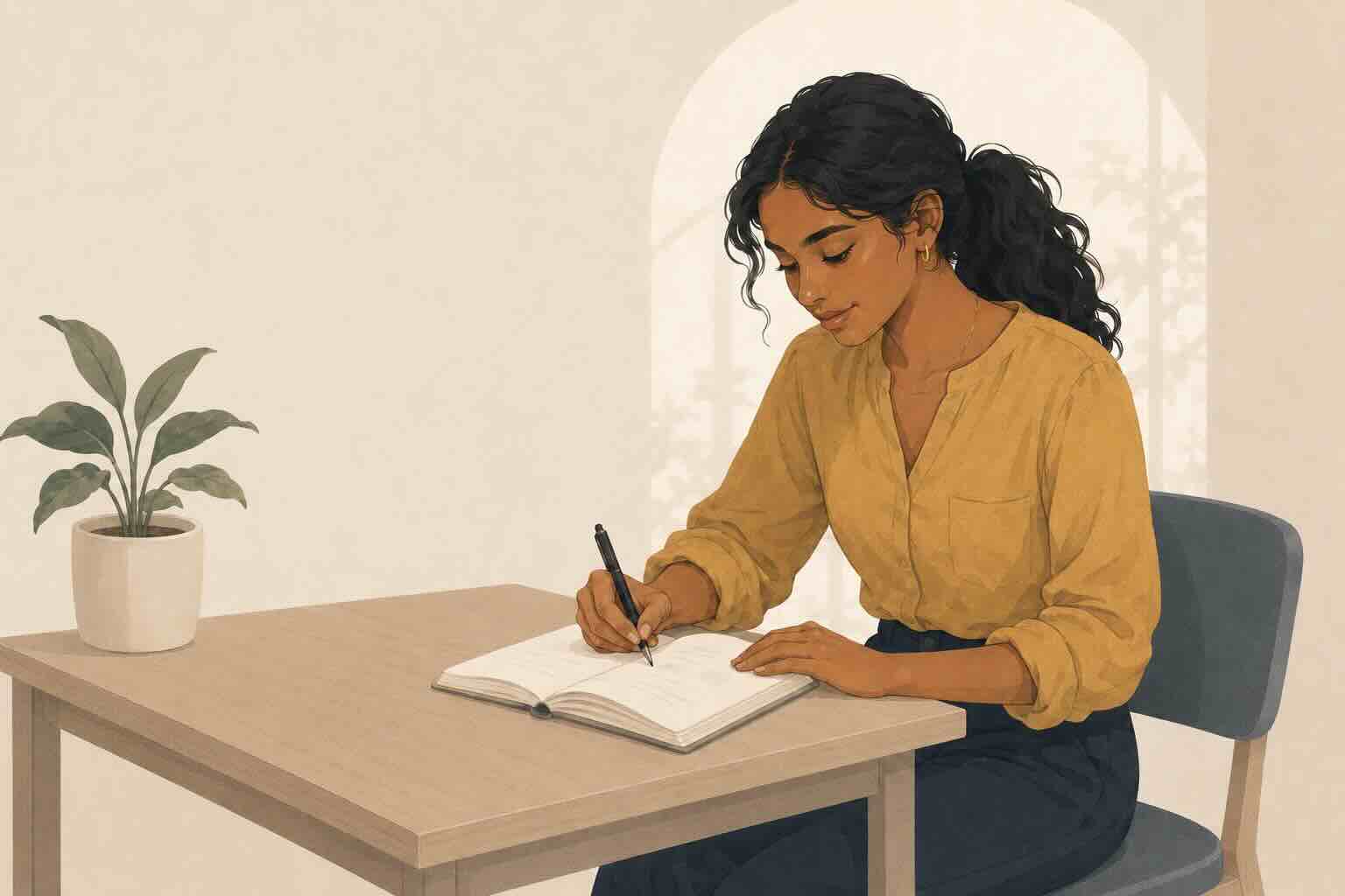 A person is writing in a notebook