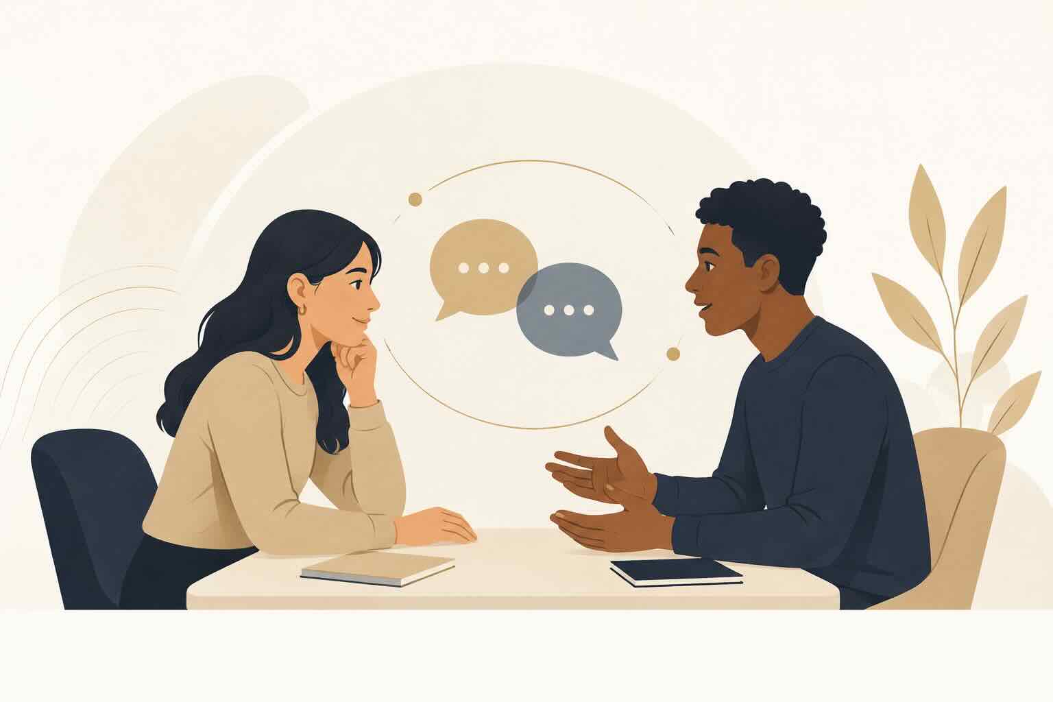 Two people smiling while they talk to each other.
