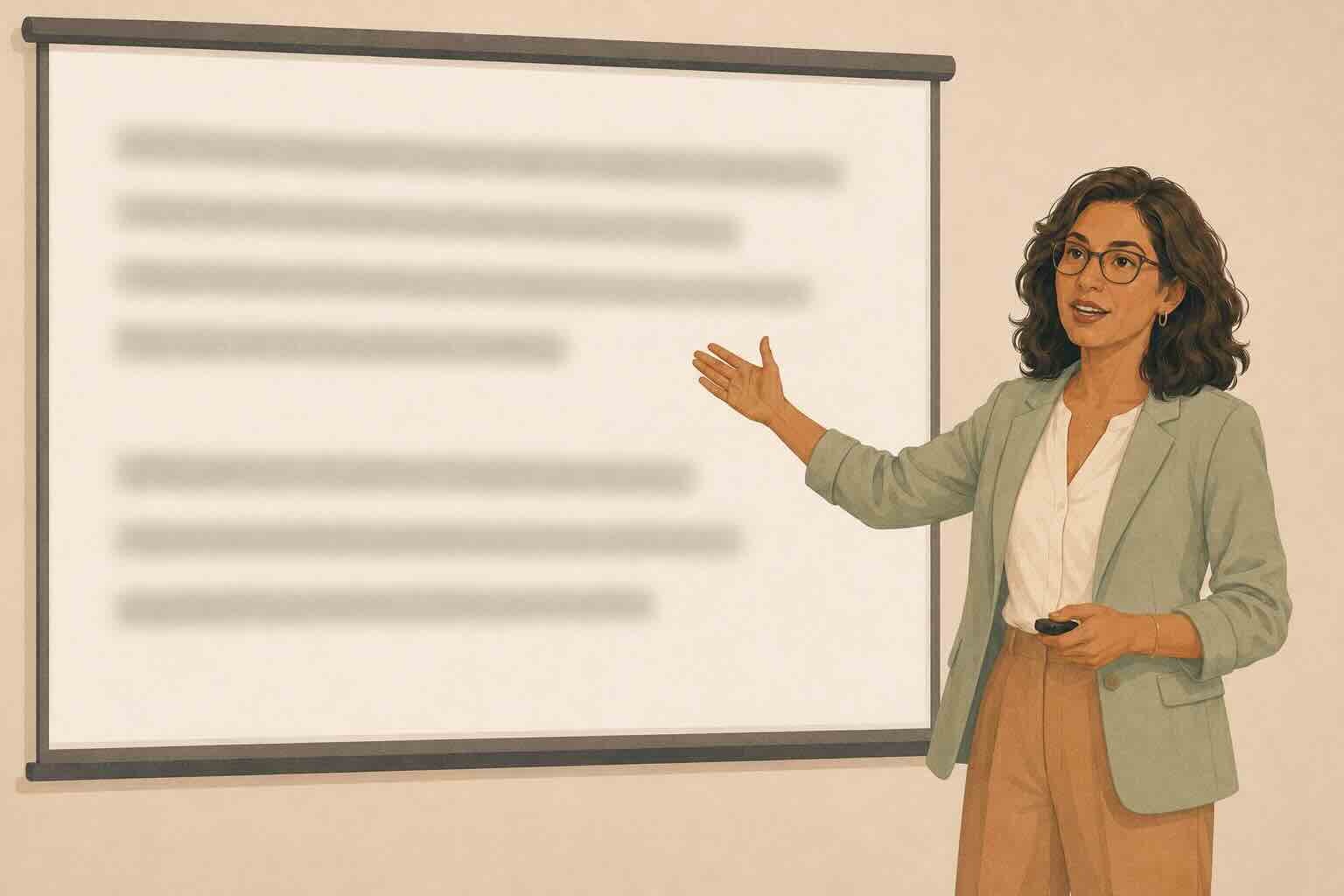 A professor gestures towards a slide containing scenario text