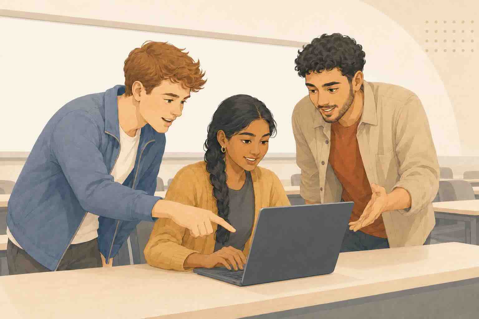 Three people are working together around a laptop